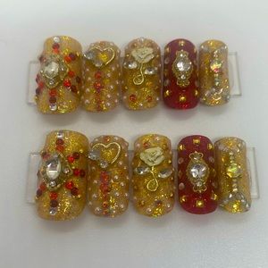 Red and Gold Glitter Handmade Press On Nail Set